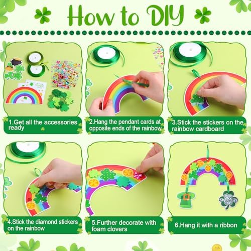Funrous 48 Sets Crafts Kit Paper Crafts DIY Make Your Own Hanging Ornaments with Pompoms Diamond Stickers for Holiday Classroom Activities Party Favors, St. Patrick's Rainbow