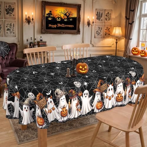Black Halloween Tablecloth Oval 52x70 Inch, Washable Fabric Spider Web Ghost Table Cloth Oval Halloween Tablecloth Table Cover for Kitchen Dining Party