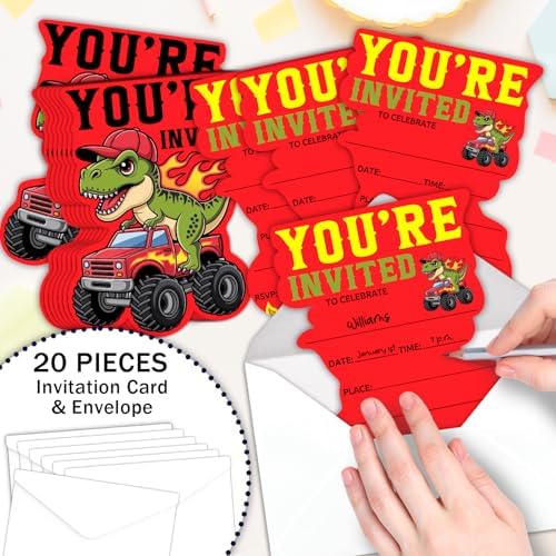 Red Truck Birthday Party Invitations, Dinosaurs Monster Truck Shaped Invitations for Kids Boys, Monster Truck Theme Birthday Party Decorations Supplies Favors, 20 Set Invites Cards with Envelopes