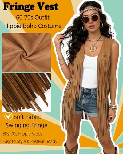 60s 70s Outfit for Women Hippie Costume Clothes Fringe Vest Accessories