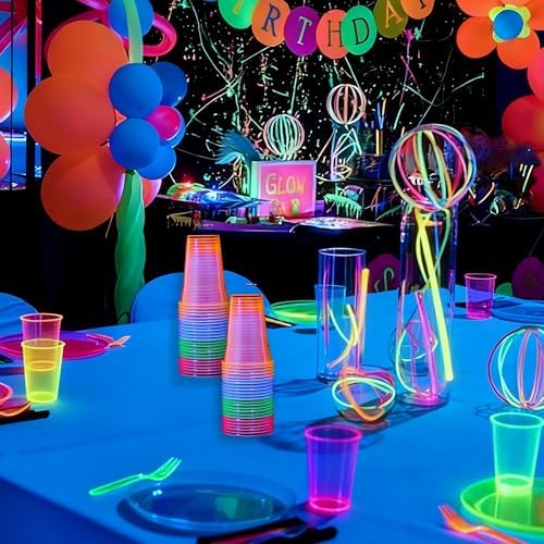 50 PCS 12oz Plastic Cups Neon Glowing Party Decorations Disposable Drinking Cups for Birthday Carnivals Glow Themed Party Supplies(Neon)