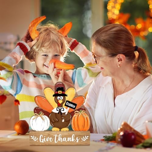 Thanksgiving Turkey Wooden Table Sign Decorations, Give Thanks Turkey Pumpkin with Raffia Bow Rustic, Autumn Harvest Fall Tiered Tray Centerpieces Tabletop Farmhouse Home Decor Gobble