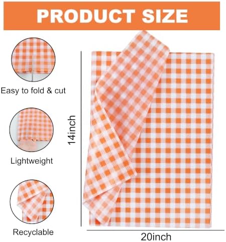 BEISHIDA Gingham Tissue Paper Bulk, Orange White Checkered Wrapping Tissue Paper for Gift Bags, 14 x 20 Inch Gift Wrap for Birthday Thanksgiving Fall DIY Crafts Decor Holiday Flowers,50 Sheets