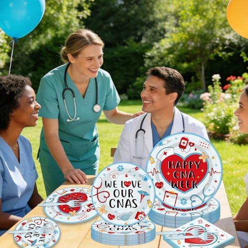 EUOYUFO 96Pcs Happy CNA Week Paper Plates Napkins Forks CNA Week Party Tableware for National Caregivers Day Appreciation We Love Our CNAS Theme Supplies Serve 24 Guests