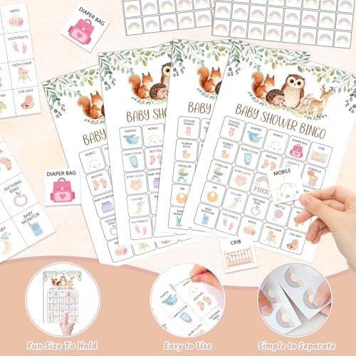 Woodland Baby Shower Bingo Game for Adults, 24 Players Animals Baby Shower Bingo Cards, Fun Gender Reveal Party Game for Family, Large Group Baby Shower Party Activities Supplies