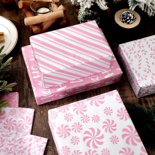 JarThenaAMCS 100 Sheets Christmas Tissue Paper Pink White Art Tissue Candy Cane Stripe Wrapping Paper for Xmas Winter DIY Crafts Gift Packing, 14 x 20 Inch