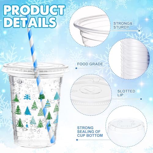 Funnymoom 50 Sets Christmas Disposable Plastic Cups Bulk with Lids Straws 16 oz Red Green Xmas Tree Plastic Cups Cold Beverage Drinking Container for Xmas Holiday Juice Hot Cold Drinks