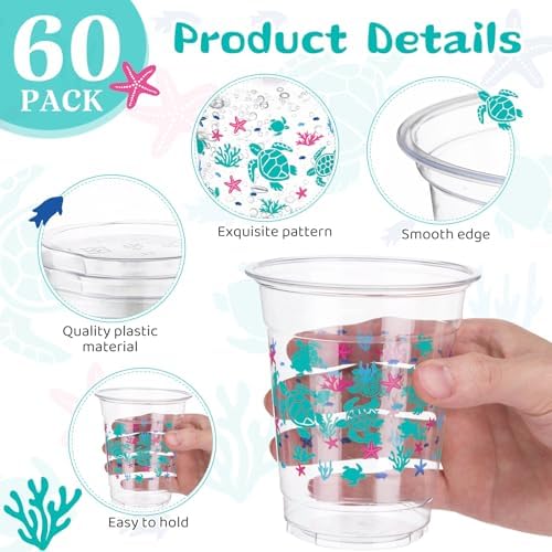 Funnymoom 60 Pack Sea Turtle Plastic Cups 12 oz