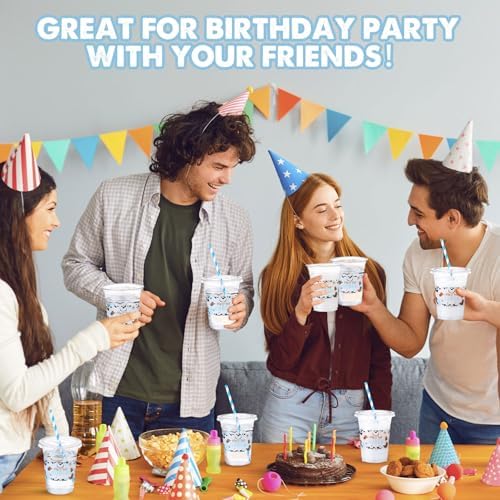 Funnymoom 50 Sets First Rodeo Cowboy Party Supplies Blue Cowboy Plastic Cups with Lids and Straws 16 oz Clear Disposable Drinking Cups Bulk for Western Baby Shower 1st Birthday Party Supplies