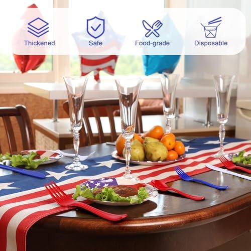 Kochorie 300 Pieces 4th of July Plastic Silverware, Heavy Duty Independence Day Cutlery Set, Disposable Plastic Utensils Includes Spoons Forks Knives for Memorial Day Veterans Day, Red Blue White