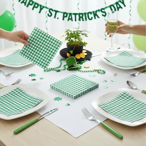 80 Pack Green Gingham Paper Napkins, 6.5 x 6.5 In, Disposable