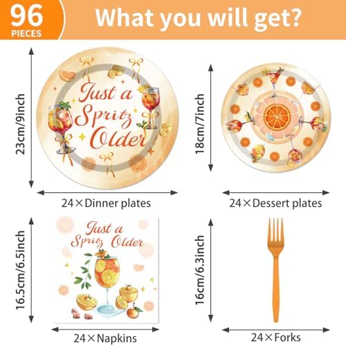 EUOYUFO 96Pcs Aperol Sprit Party Decorations Tableware Set Just A Spirity Older Paper Plates Napkins Forks Sprit Cocktail Birthday Bachelorette Bridal Shower Bar Theme Party Supplies Serve 24 Guests
