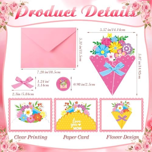 Funrous 24 Pack Mother's Day Flower Cards with Envelopes Stickers