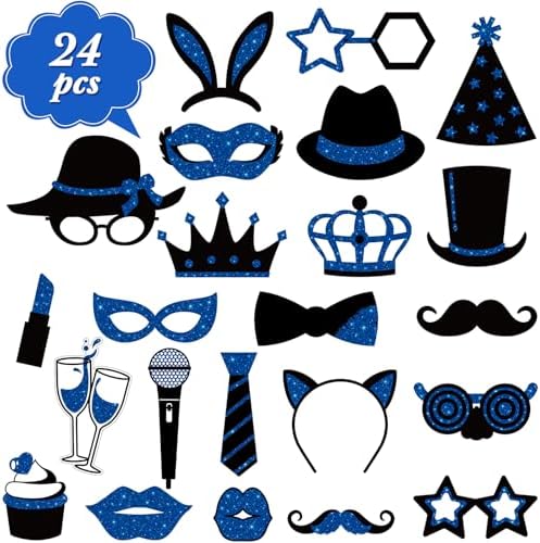 Zonon 24 Pcs Photo Booth Props Set Black Gold Birthday,Blue and Black