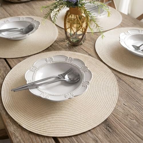 FunWheat Round Braided Placemats Set of 8 Place Mats for Dining Table Woven Washable Non-Slip Table Mats 15 Inch(Ivory,8pcs)