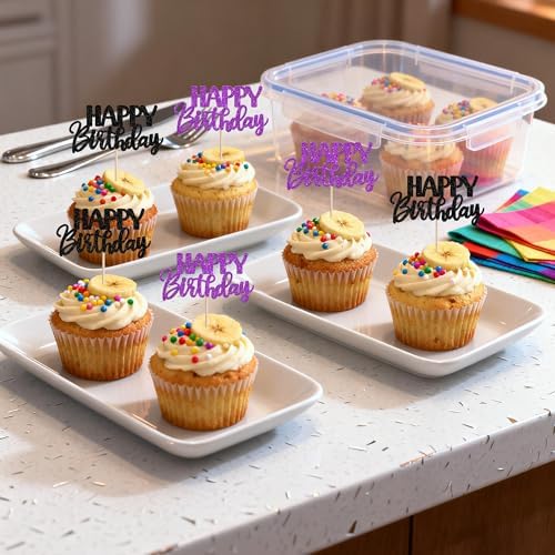 30 PCS Happy Birthday Cupcake Toppers Glitter Happy Birthday Cupcake Picks for Celebrating Anniversary Theme Christmas Party Cake Decorations Supplies Black Purple