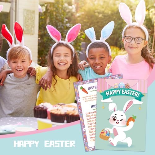 HOWAF 11pcs Outdoor Easter Hunt Clues Cards, Outdoor Easter Party Games Easter Scavenger Hunt with Friends, Family
