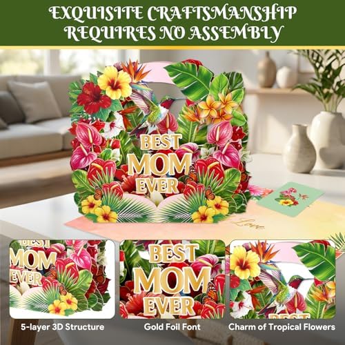 D4DREAM Pop Up Birthday Cards for Women, Tropical Hibiscus & Hummingbird