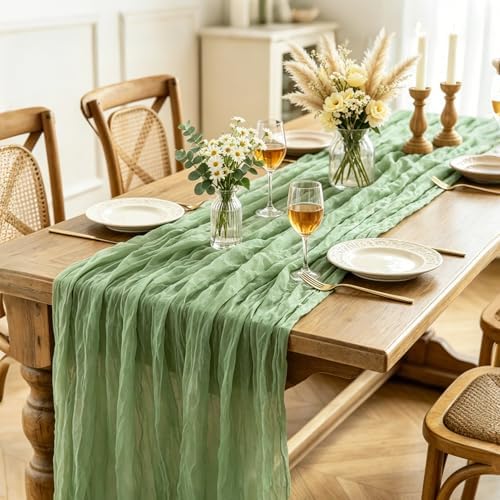 6Pcs Sage Green Cheesecloth Table Runner, 10FT Rustic Green Boho Gauze Table Runner for Spring Easter Woodland Safari Baby Shower Bridal Shower Wedding Tea Party Birthday Decorations
