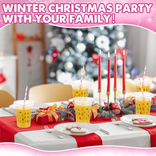 Funnymoom 50 Sets Christmas Disposable Plastic Cups Bulk with Lids Straws 16 oz Pink Green Xmas Tree Plastic Cups Cold Beverage Drinking Container for Xmas Holiday Juice Hot Cold Drinks