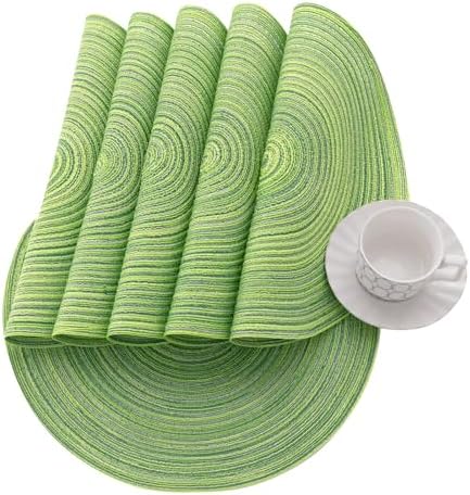 SHACOS Round Placemats Set of 8 Washable 15 inch Round Table Mats Braided Non Slip Fabric Place Mats for Dining Table Indoor Outdoor (Mixed Color Pea Green, 8)