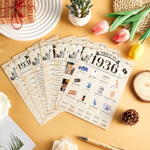 70Pcs 90th Birthday Party Games Born In 1936 Fun 1936 Trivia Music Slang Books Game Double-Sided Game Cards Vintage 90th Birthday Party Supplies for 90 Year Old Activity Anniversary Class Reunion