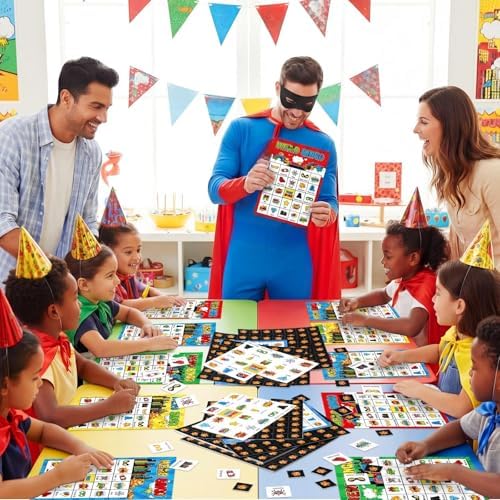 Shappy 35 Pcs Hero Party Bingo Games 24 Player Cartoon Comic Birthday Game