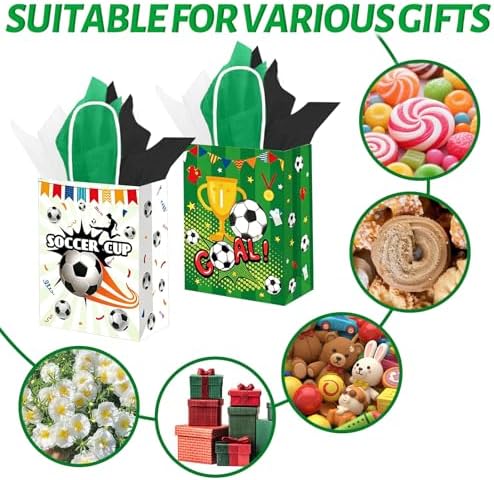 12 Pcs Soccer Goodie Bags with Handles, 2 Styles Soccer Snack Bags for Team, Soccer Snack Gift Bags for Birthday Game Day Sport Themed Party Supplies (8.3 × 6.3 × 3.1 in)
