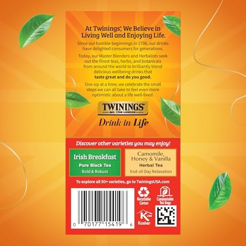 Twinings English Breakfast Black Tea Individually Wrapped Bags, 20 Count (Pack of 1), Flavourful, Robust, Caffeinated, Enjoy Hot or Iced, 20 Teabags