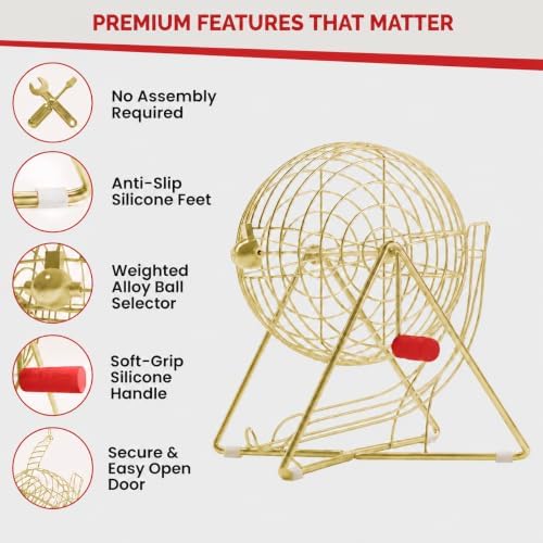 MR CHIPS 11" (Inch) Tall Professional Bingo Set with Steel Cage, Everlasting 7/8” Balls, Master Board for Balls - Luxury Gold Color