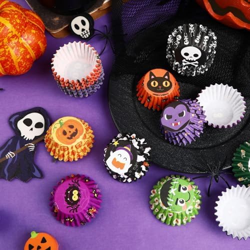AUGSUN 800pcs Halloween Mini Cupcake Liners Paper Cups, 8 Designs