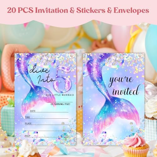 Set of 20 Magic Flash Purple Mermaid Birthday Invitation, Party Invitations for 5th Grils & Kids with Envelopes and Pieces Stickers, Supplies for Sea Ocean Theme Birthday Partys Decorations -07