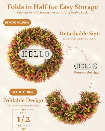 DDHS 24" Fall Wreath for Front Door，Artificial Boxwood Autumn Wreath