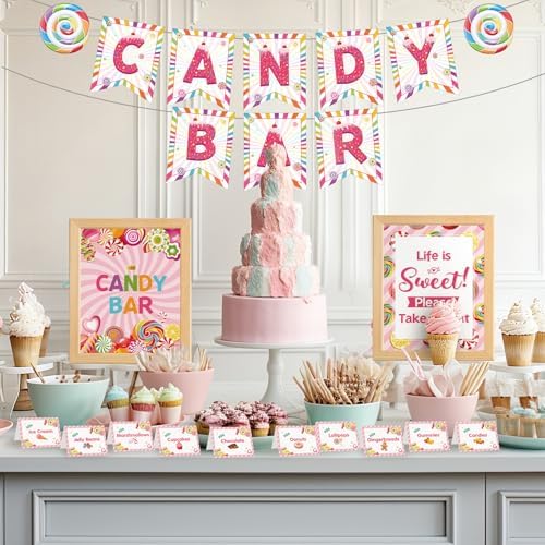 Outus 32 Pcs Candy Bar Decorations Kit with Banner Table Signs Food Labels
