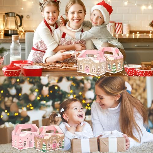 Whaline 24Pcs Christmas Treat Boxes with Handles Pink Gingerbread House Goodie Candy Bags Xmas Gable Paper Gift Containers for Cookie Snack Present Party Favor Supplies, 4 Designs