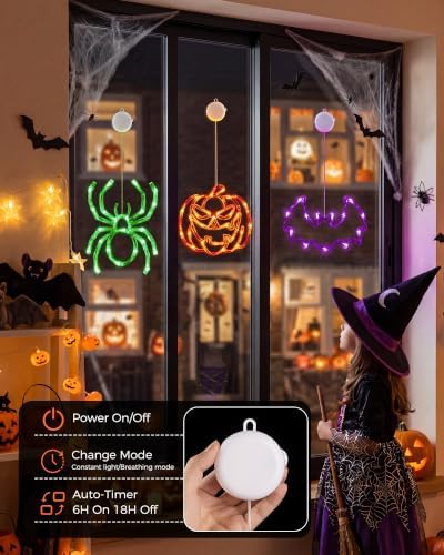 Minetom 3 Pack Halloween Windows Lights - Pumpkin, Spider, Bat with Timer