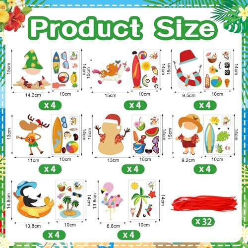 JUNEBRUSHS 32 Pcs Summer Christmas Craft Sticker, Santa Snowman Tropical Christmas Hanging Party Cardboard Stickers Decoration for Christmas Home Pool Beach Activities