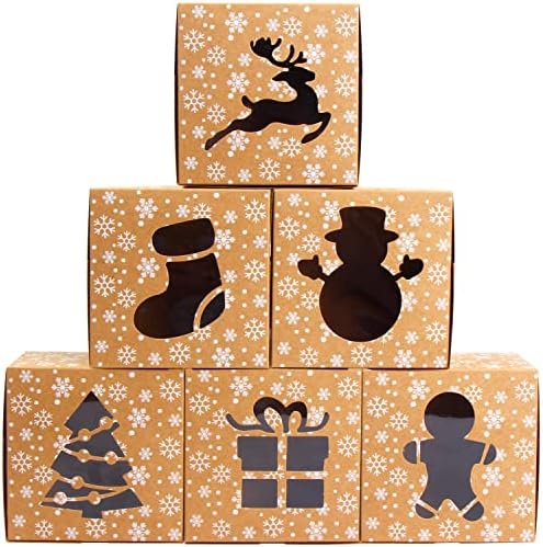 DERAYEE 24Pcs Christmas Cookie Boxes with Window, Holiday Bakery Gift Boxes Small kraft Boxes for Packaging Cupcakes, Candy, Goodies