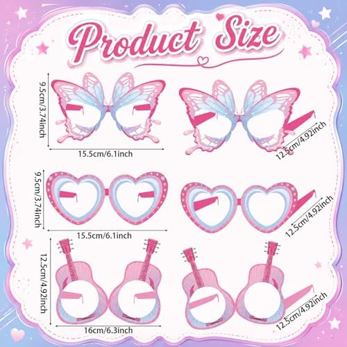 36 Pcs Music Era Themed Party Decorations Eyeglasses Era Themed Pastel Paper Glasses Concert Birthday Decor Music Lover Photo Booth Props Frame for Woman Birthday Party Decor Supplies Gift