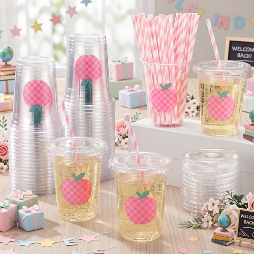 Funnymoom 50 Sets Back to School Apple Disposable Plastic Cups Bulk with Lids Straws 16 oz Checkered Apple Clear Cups First Day of School Party Favors for Classroom Decorations Teacher Party