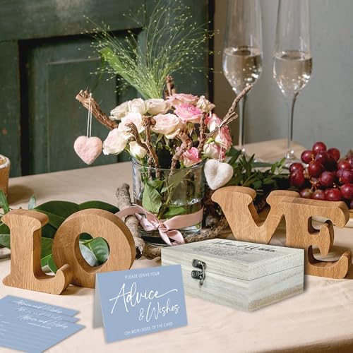 50Pcs Wedding Advice Cards with Wooden Box & 2 Black Pens - Minimalist Blue Bridal Shower Advice and Wishes for Mr & Mrs - Bridal Shower Game Decorations & Reception Party Supplies - A02
