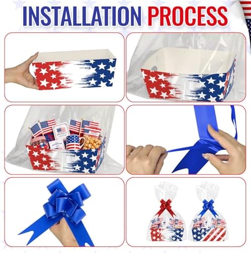 Cinrobiye 12 Pcs Patriotic Gift Baskets Bulk Empty 4th of July American Flag USA Gift Basket Kit with Pull Bows for Independence Day, Memorial Day, Veterans Day, Birthday Party Favors