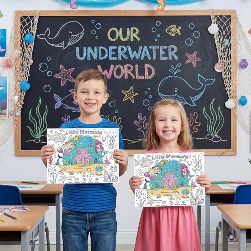 45pcs Mermaid Disposable Coloring Placemats Magical Mermaid Crafts for Kids Party Favors Coloring Poster Princess Birthday Party Supplies Classroom Activities Paper Table Mats