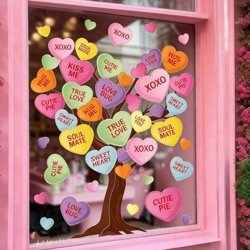 JarThenaAMCS Valentine's Day Tree Window Clings Window Stickers Conversation Heart Tree Double-Sided Glass Decals for Wedding Anniversary Party Wall Decor, 6 Sheets