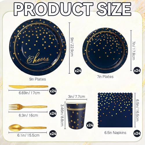 168Pcs Blue and Gold Paper Plates and Napkins Party Supplies for 24 Guest