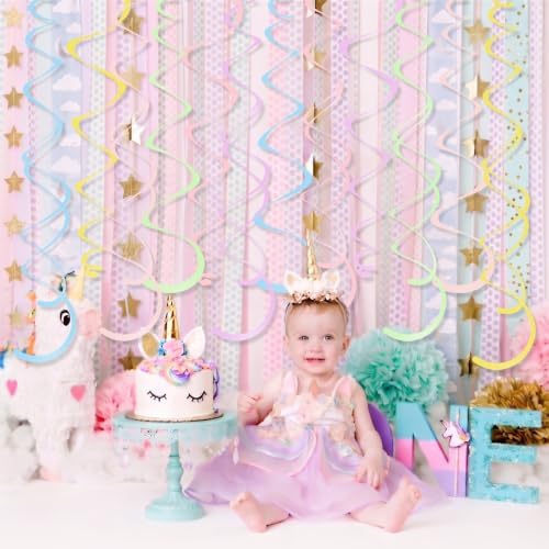 24 PCS Pastel Macarons Hanging Swirl,Sparkle Ceiling Hanging Decorations, Plastic Streamer Party Decorations with Double-Swirls and Single-Swirls for Birthday, Spring, Bridal, Gender Reveal, Wedding