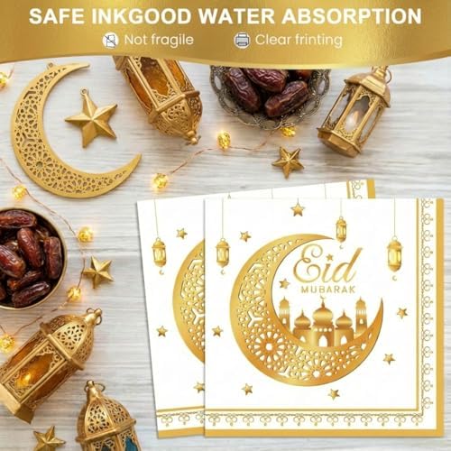 Dereinwo 50 Pcs Ramadan Eid Mubarak Paper Plates and Napkins Set