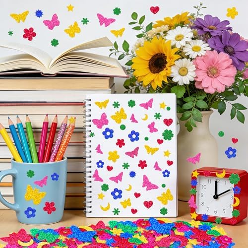 500Pcs Foam Stickers Glitter 3D Spring Foam Shape Stickers,Heart Star Moon