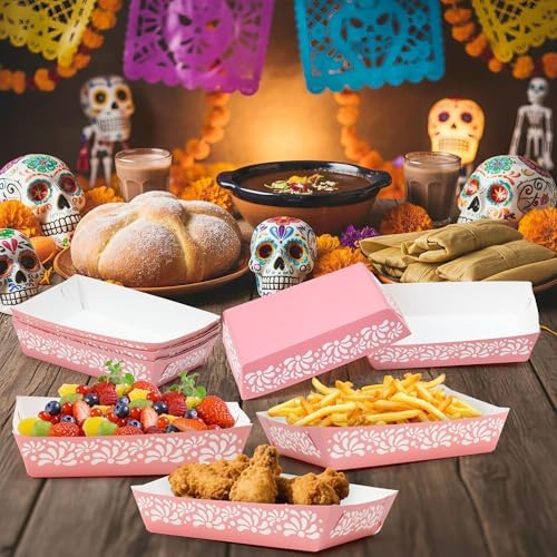 Mexican Taco Nights Food Trays - 50P Cielito Lindo Pink Flower Unassembled Taco Nights Food Trays Nacho Snack Candy Holder Disposable Paper Plates Carnival Party Supplies Food Containers