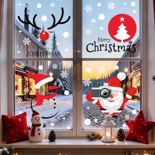 4 Sheets Merry Christmas Window Clings Cute Santa Claus Window Stickers Double Sided Snowflake Glass Decals Snowman Reindeer Window Decal for Home Classroom Nursery Party